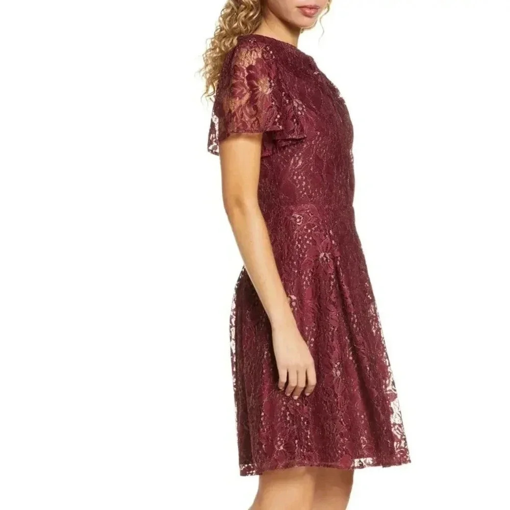 Chelsea28 Metallic Lace Fit Flare Red Dress Gold L — image 5 of 8